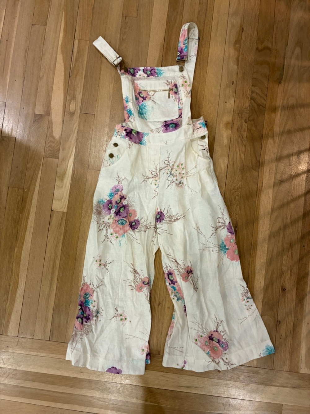Zimmermann Cream Floral Wide-Leg Overalls with Pink & Purple Accents